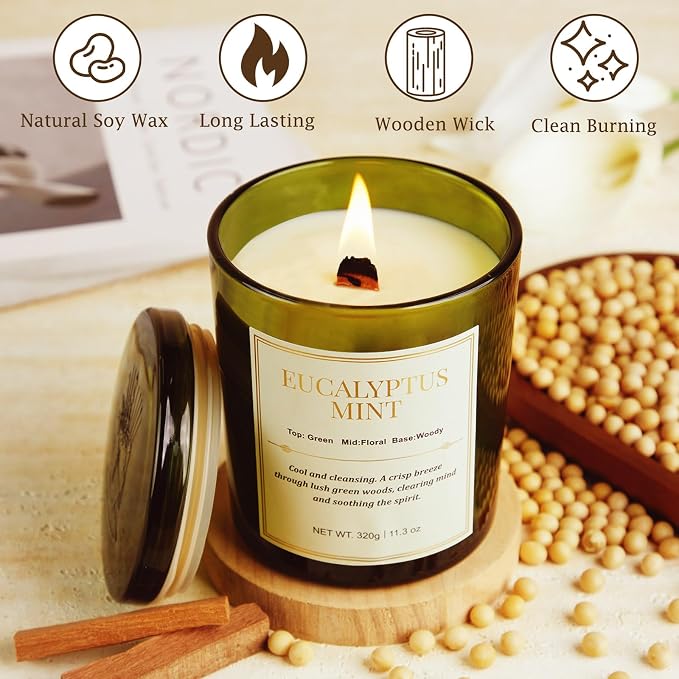 2 Pack Candles for Home Scented, Wood Wick Eucalyptus Mint Scented Candle - Image 3