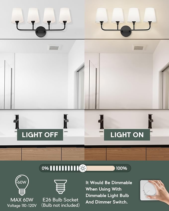 Bathroom Light Fixtures, 4 Light Matte Black Vanity Lights - Image 4