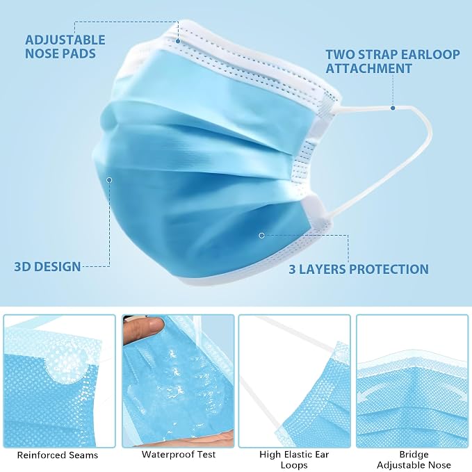LEMENT 125 Pcs Blue Disposable Face Masks, 3 Ply Face Mask Elastic Earloops - Image 3
