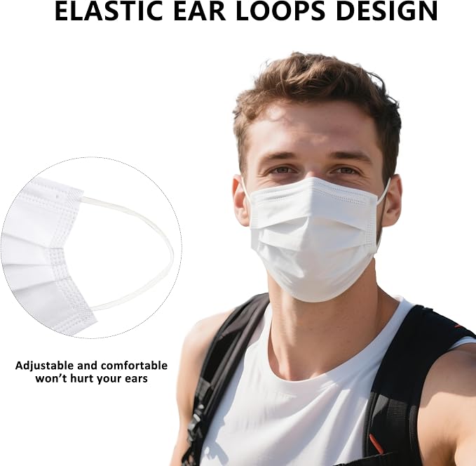 akgk 100PCS White Disposable Face Masks, 3-Ply Breathable White Face Mask - Image 4