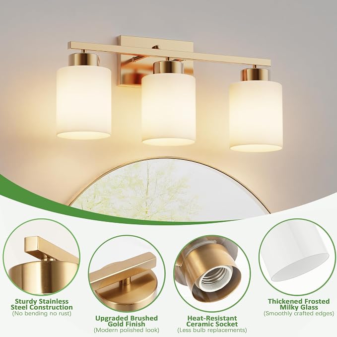 PARTPHONER 3-Light Brushed Gold Bathroom Light Fixtures, Modern Vanity Light - Image 3