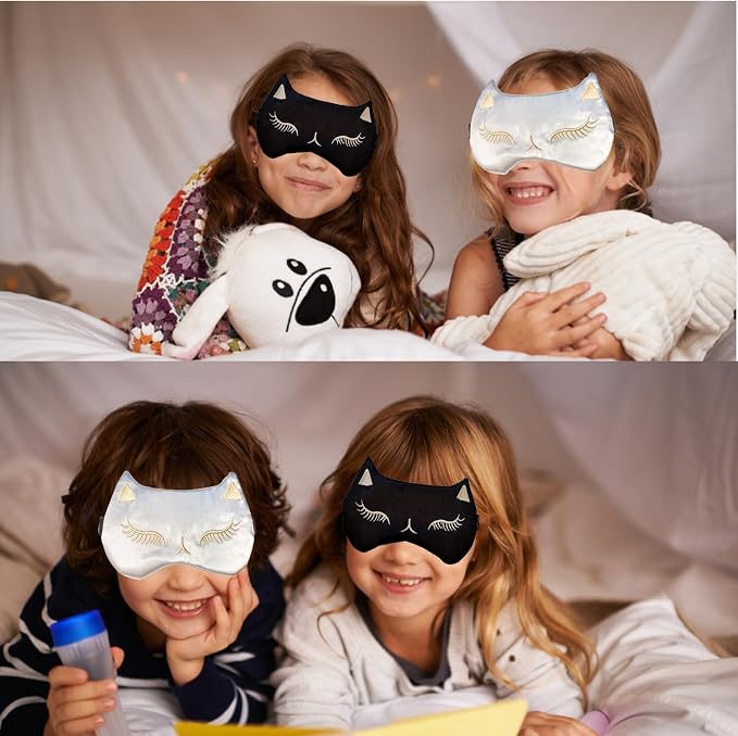 Cute Cat Sleep Mask for Kids, 2 Pack Silk Sleeping Eye Cover Adjustable Mask - Image 4