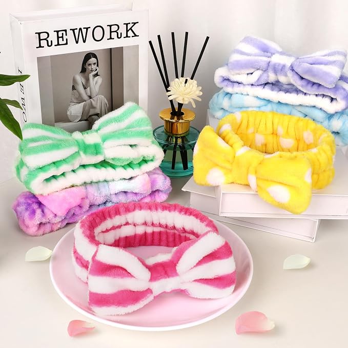 6 Pack Spa Headband for Women Skincare Makeup Headband Soft Coral Fleece Bow - Image 6