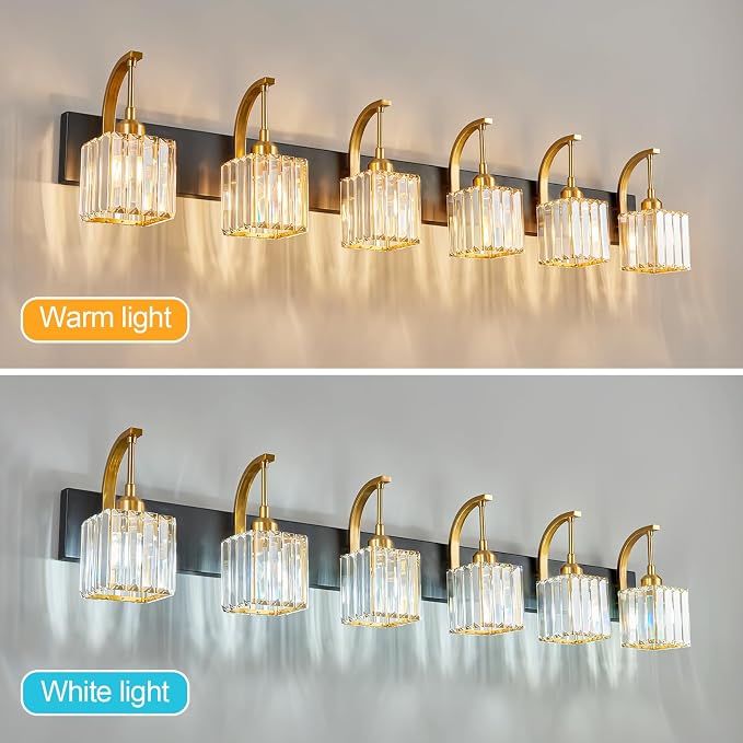 Crystal Vanity Lights 6-Light Black Gold Bathroom Vanity Lights Modern Crystal - Image 3