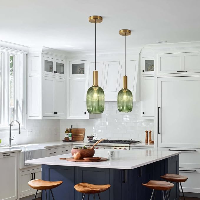KCO Lighting Green Ribbed Glass Pendant Light Kitchen Island Small Antique - Image 4