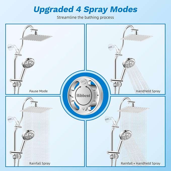 Hibbent cUPC Certified All Metal 8" Rainfall Showerhead Combo, High Pressure - Image 3