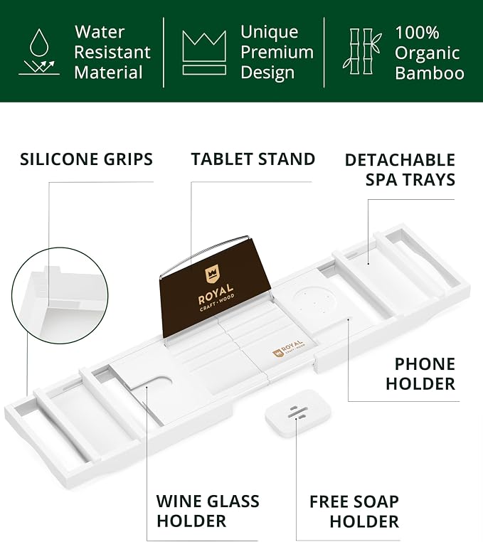 ROYAL CRAFT WOOD Premium Foldable Bathtub Tray Caddy - Image 2