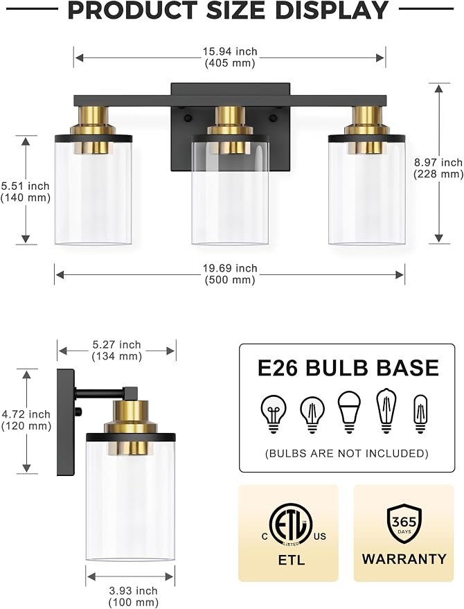 L LOHAS LED 3-Light Black and Gold Bathroom Light Fixtures, 20 Inch Modern - Image 3