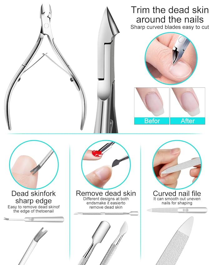 7pc Ingrown Toenail Remover Pedicure Tools Kit, Nail Clippers, File and Lifters - Image 3