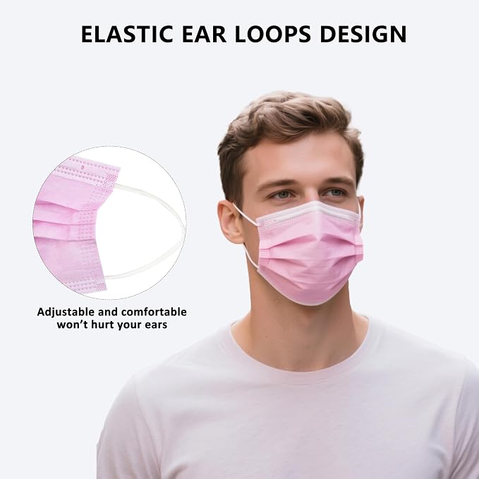 akgk 100PCS Pink Disposable Face Masks, 3-Ply Breathable Pink Face Mask - Image 5