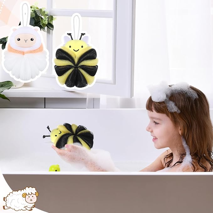 Nuenen 2 Pcs Bath Loofahs Kids Toddler Cute Cartoon Bath Sponges Loofah Pouf - Image 4