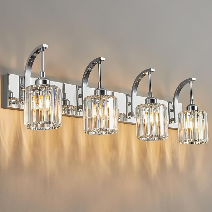 4-Light Crystal Vanity Light, Modern Chrome Bathroom Wall Sconce by FDPBY
