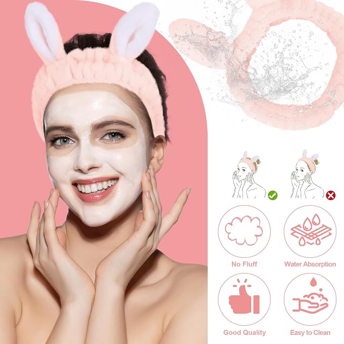 Jowmoy Cute Light Pink Rabbit Ears Headband Frog Eye Elastic to Wash Face - Image 4