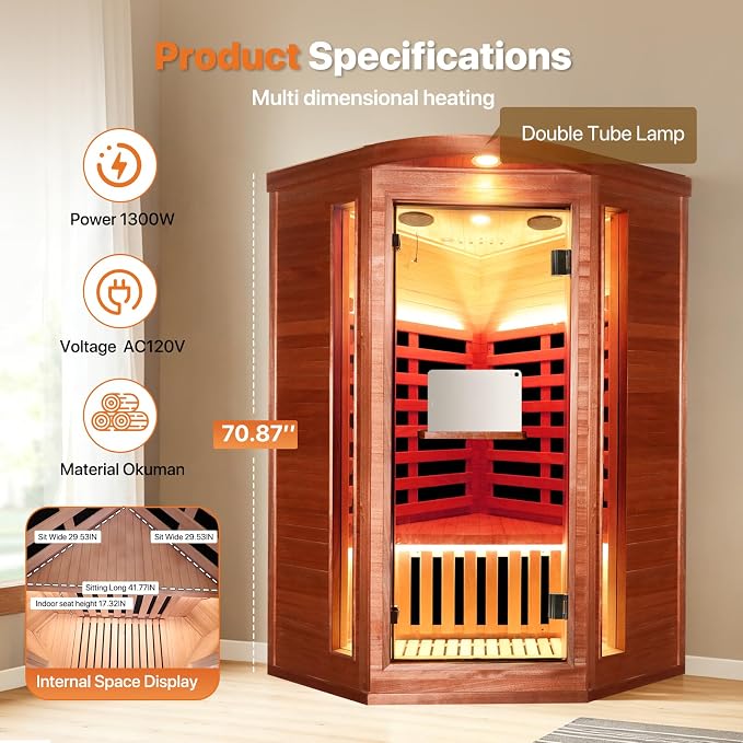 OUTEXER Corner Sauna for One Person Far Infrared Sauna Low-EMF African Mahogany - Image 2