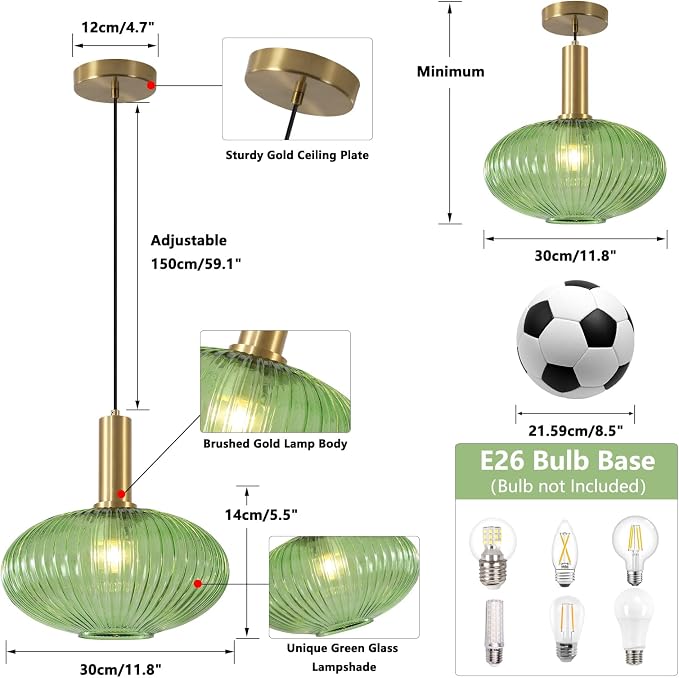 KCO Lighting Modern Gold Globe Pendant Light Black Green Glass Bathroom Fixture - Image 2