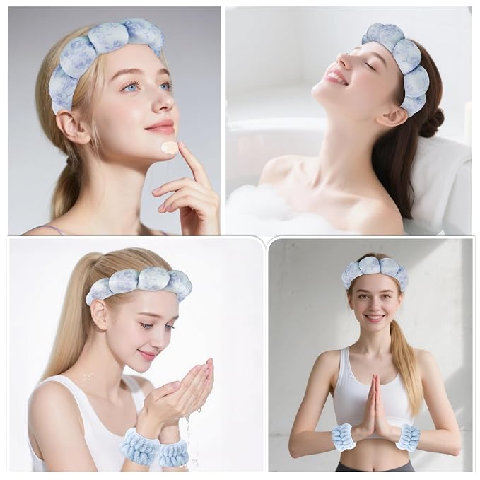 Zkptops Spa Headband for Washing Face Wristband Set Flower Sponge Makeup - Image 4