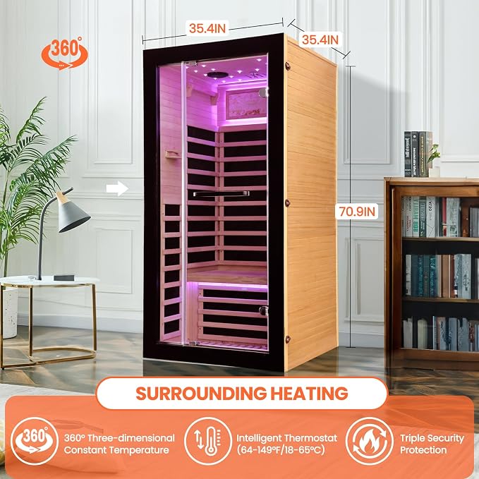 OUTEXER One Person Sauna Far Infrared Saunas Room Canadian Hemlock 1450W Dry - Image 8
