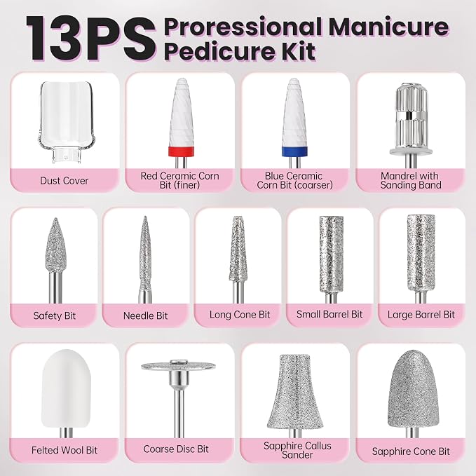 Electric Nail Drill, Cordless 2000 mAh Rechargeable Portable Nail File 12 in 1 - Image 5