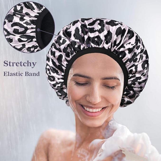 Pink Leopard Print Satin Shower Cap, Three-Layer Terry Cloth Lined, - Image 6