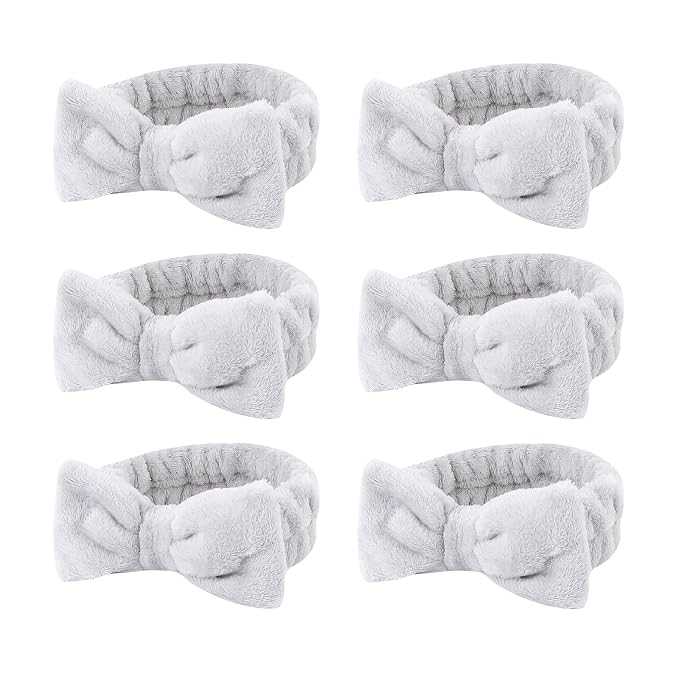 Casoty 6 Pcs Grey Spa Headband, Bow Hair Band, Soft Coral Fleece Makeup Headband by Casoty
