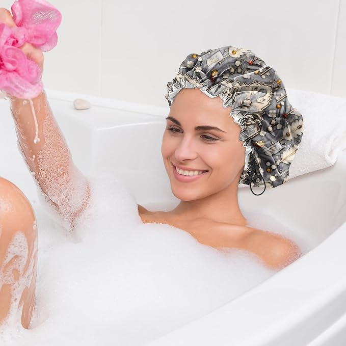 2 PCS Shower Cap Waterproof Double Layer Elastic Adjustable Reusable Hair Bath - Image 7