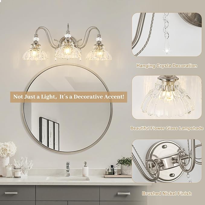 Brushed Nickel Bathroom Vanity Light, 3-Light Nickel Finish Wall Sconce - Image 4