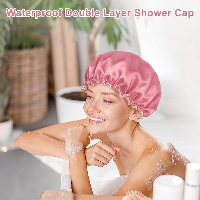 Waterproof Shower Caps for Women, Solid Color Dual-Layer Elastic Band Design - Image 5