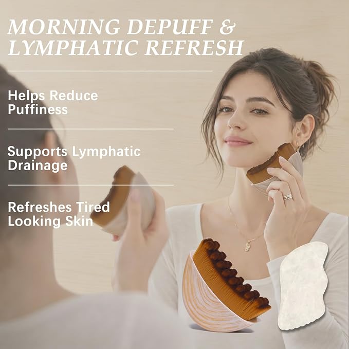 Lymphatic Contour Face Brush & White Jade Gua Sha Stone, Lymphatic Drainage - Image 2
