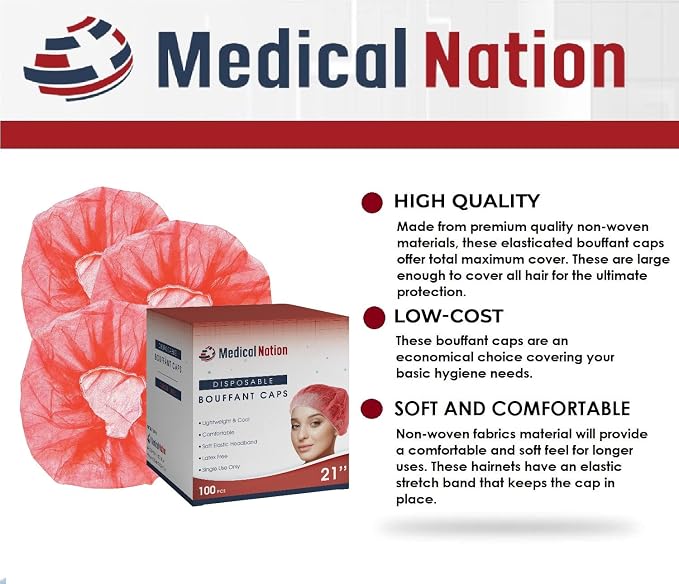 Medical Nation 21" Disposable Bouffant Caps | CASE of 1000, Non-Pleated Head - Image 3
