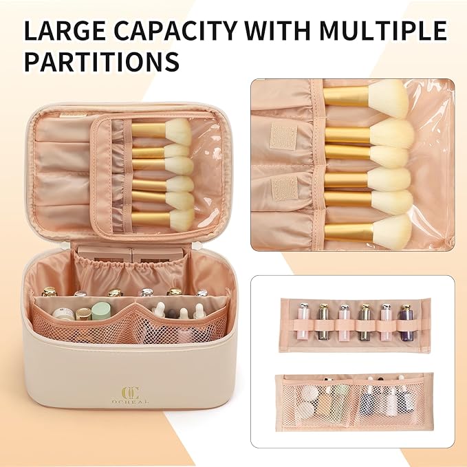 OCHEAL Beige Makeup Bag, Travel Makeup Organizer Bag, Large Capacity Cosmetic - Image 5
