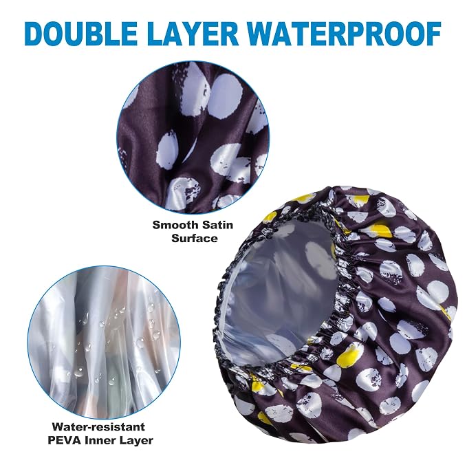 Shower Cap for Women Set of 4, Bath Caps, Double Layers Hair Caps + 2 Satin - Image 2