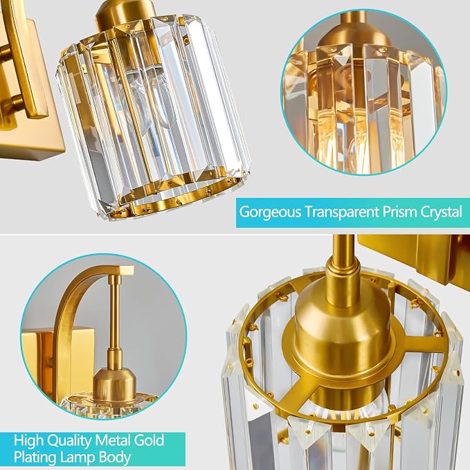 Bathroom Crystal Vanity Lights 2-Light Gold Wall Lamp Modern Crystal Bathroom - Image 5