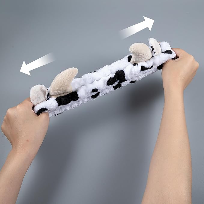 Plush Wash Face Headband Cow Print Spa Wrist Band Cuffs Hair Scrunchy Women - Image 3
