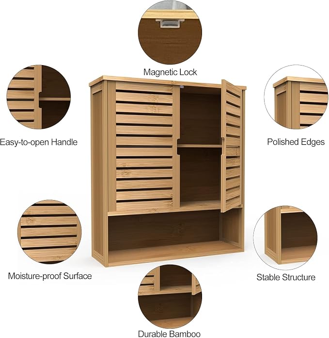 Bathroom Wall Cabinet, Bamboo Storage Cabinet Wall Mounted, Wall Hanging Cabinet - Image 7