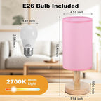 Pink Small Bedside Table Lamp for Bedroom, Natural Round Wood Base&Fabric Linen - Image 4
