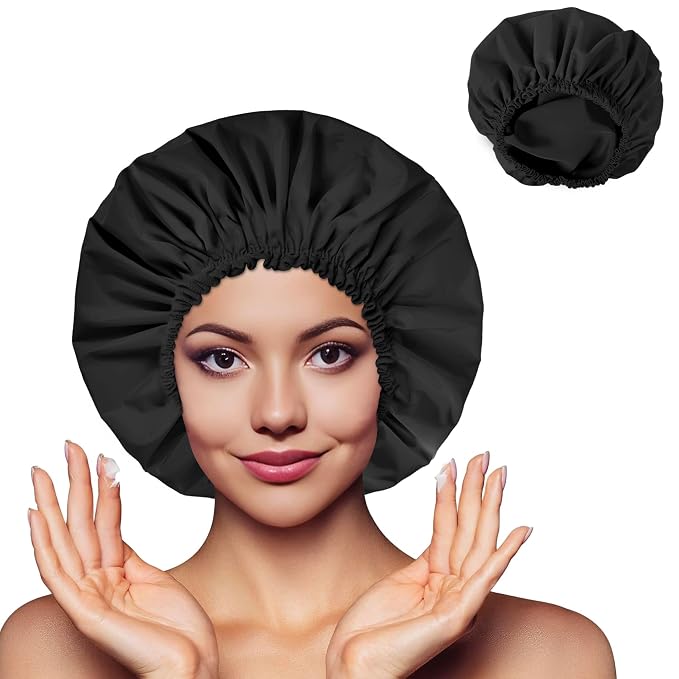 Shower Cap for Women, Double Layer Waterproof Bath Cap, Reusable Hair Protector - Image 2