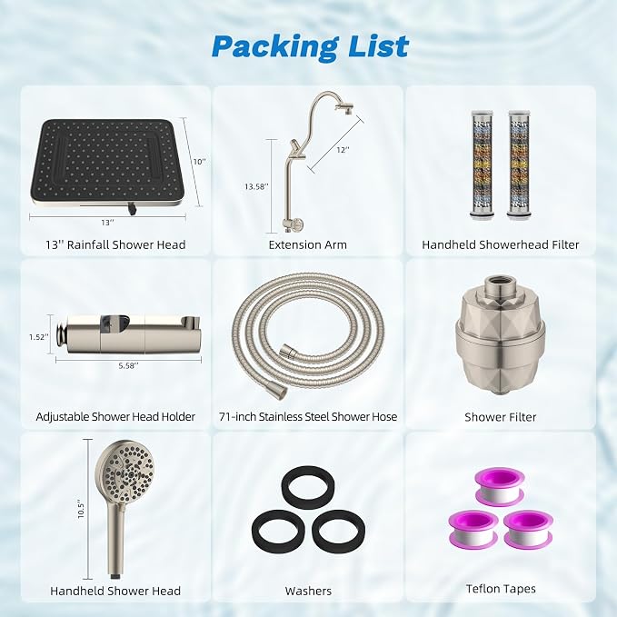 Hibbent 5-spray Dual Filtered Rainfall Shower Head Combo, High Pressure 13'' - Image 9