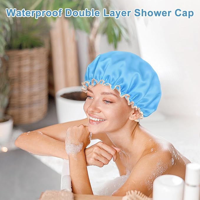 Waterproof Shower Caps for Women, Solid Color Dual-Layer Elastic Band Design - Image 5