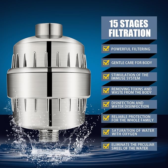 Shower Head and 15 Stage Shower Filter Combo, FEELSO High Pressure 5 Spray - Image 2