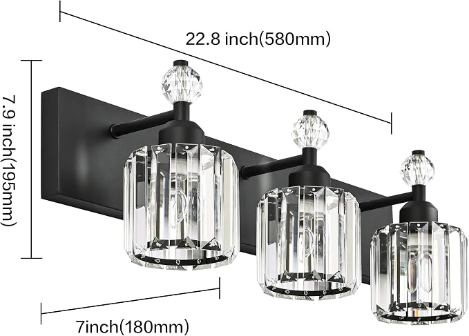PRESDE Crystal 3 Light Bathroom Vanity Lights Modern Matte Black Bathroom - Image 4