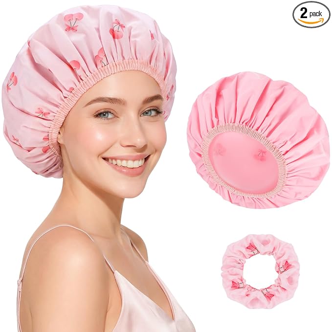 Large Double-Sided Shower Cap for Women, 2-in-1 Reusable Waterproof Cherry by Pengxiaomei