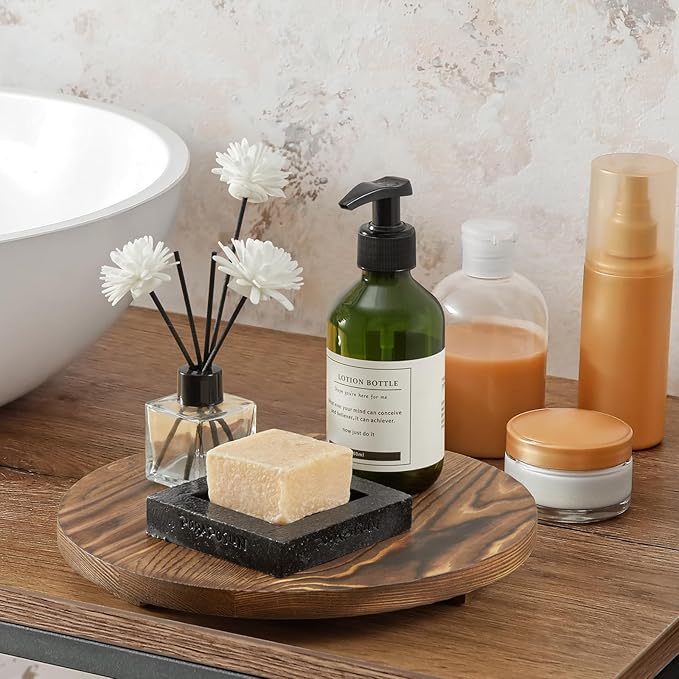 Round Decorative Tray Burnt Wood Bathroom Counter Organizer Pedestal Stand - Image 6