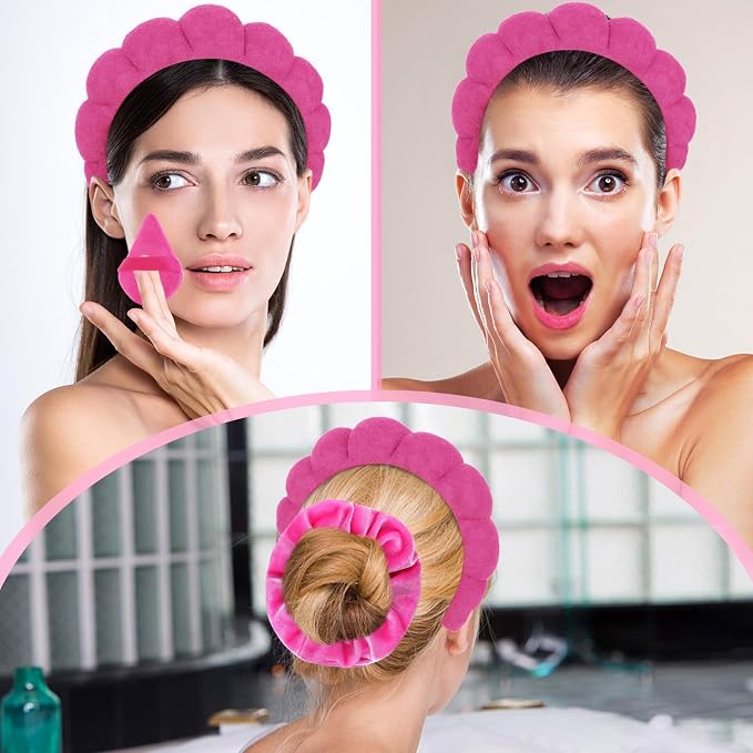 7Pcs Puffy Spa Set: Terry Cloth Headband, Wristbands, Scrunchies, Powder Puffs - Image 5