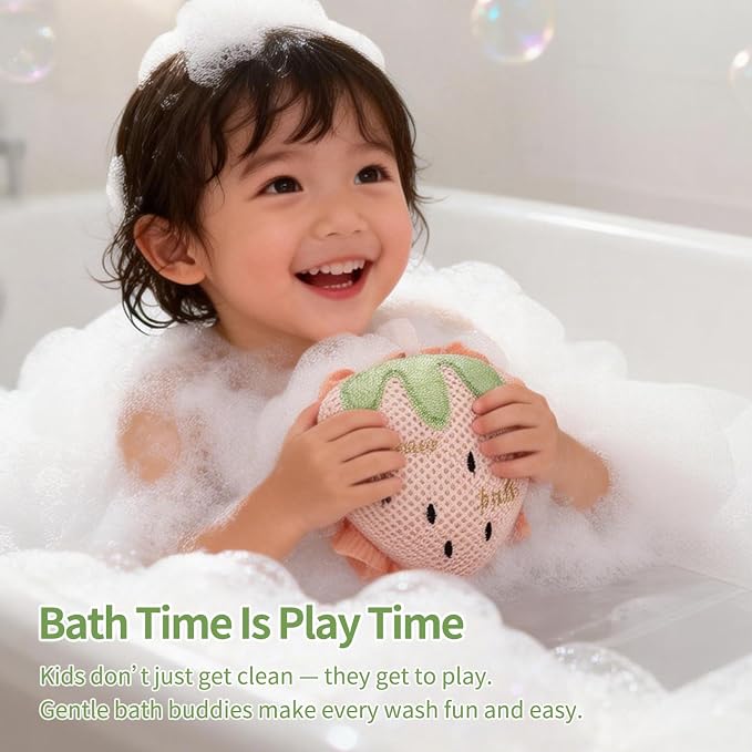 Kids Bath Sponge, Cute Kids Loofah Frog&Strawberry Shower Pouf, Soft Mesh Bath - Image 5