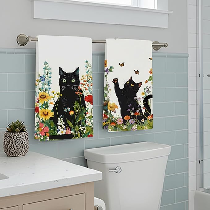 Accnicc 2 Pack Black Cat Bathroom Hand Towels Decorative Spring Floral Dish - Image 5