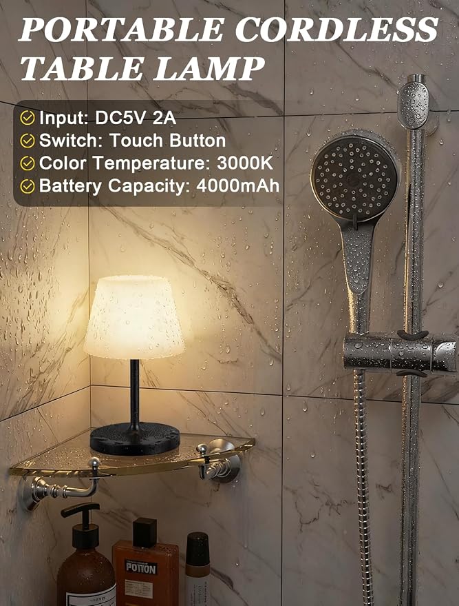 Kakanuo Black Cordless Shower Lamp Waterproof, Rechargeable Cordless Lamp - Image 4
