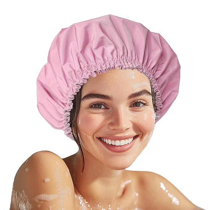 Shower Cap for Women, Double Layer Waterproof Bath Cap, Reusable Hair Protector by CHFONGDIRECT
