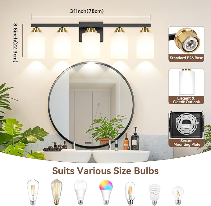 5-Light Bathroom Light Fixtures, Classic Wall Light Fixture - Image 8