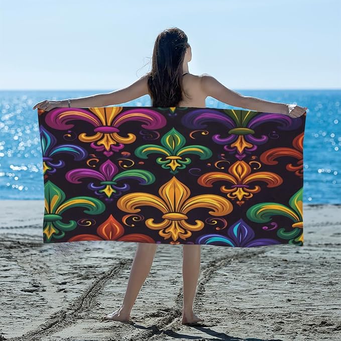 Colorful Mardi Gras Fleur De Lis Beach Towel Oversized Quick Dry Beach Blanket by YPPAHHHH