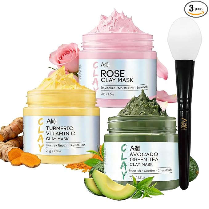 ANAI RUI 3 Pack Clay Mask Set Turmeric Vitamin C Clay Mask -Rose Facial Mask by ANAIRUI